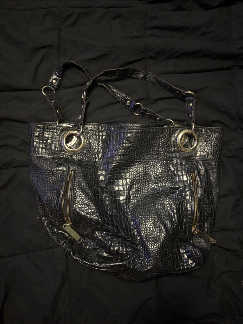 Steve Madden Black Croc-Embossed Tote with Gold Rings